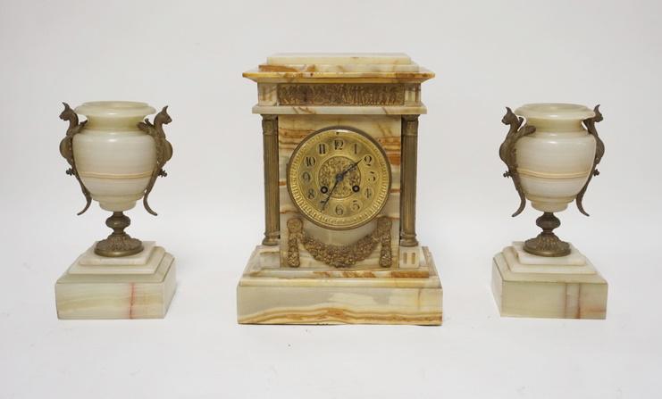 3 PIECE BRONZE MOUNTED VICTORIAN CLOCK & URNS (1 of 5)