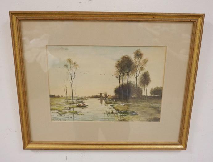 W VAN BECK WATERCOLOR: W VAN BECK WATERCOLOR, LANDSCAPE W/MAN IN A BOAT, WINDMILL IN THE DISTANCE, 17 3/4 IN X 14 1/4 IN INCLUDING FRAME