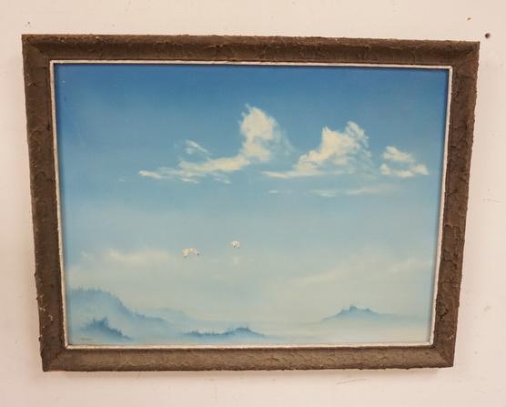 OIL ON MASONITE BY STEVENS: OIL ON MASONITE BY STEVENS, 2 GULLS IN FLIGHT, 26 3/4 IN X 20 3/4 IN INCLUDING FRAME