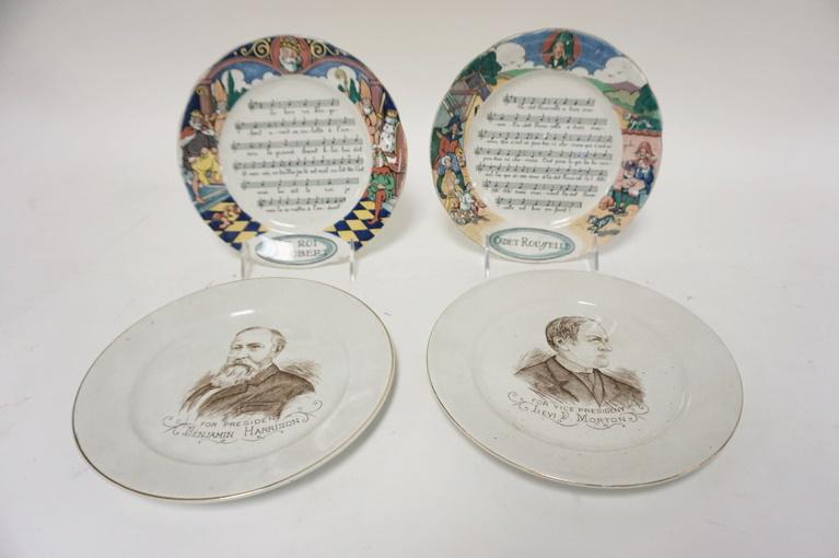 4 PLATES, 2 POLITICAL & 2 MUSICAL: 4 PLATES, 2 POLITICAL & 2 MUSICAL, BENJAMIN HARRISON & LEVI MORTON IRONSTONE & 2 SARREGUEMINES W/MUSICAL SCORES, ONE HAS A RIM CHIP, 7 1/2 IN & 8 1/4 IN