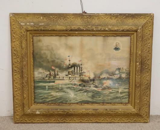 PRINT *BOMBARDMENT & SINKING OF THE MERRIMAC*: LARGE PRINT *BOMBARDMENT & SINKING OF THE MERRIMAC*, PUBLISHED 1898, HAS SOME STAINING & FOXING & SOME LOSSES TO THE FRAME, TOTAL DIMENSIONS 40 IN X 32 IN