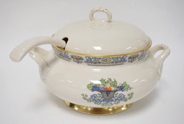 LENOX HARVEST TUREEN W/LENOX LADLE: LENOX HARVEST TUREEN W/LENOX LADLE, 11 1/2 IN ACROSS THE HANDLES X 8 1/2 IN HIGH