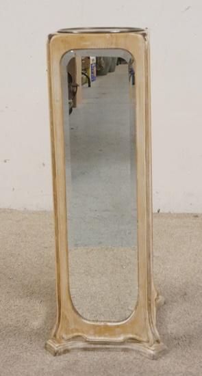 BEVELED MIRROR & WOOD PEDESTAL: BEVELED MIRROR & WOOD PEDESTAL, BRASS TOP SURFACE, 11 1/4 IN SQUARE X 37 IN HIGH