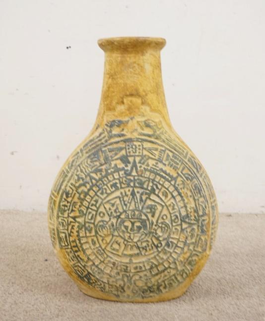 LARGE POTTERY FLOOR VASE: LARGE POTTERY FLOOR VASE, BLUE AZTEC TYPE DECORATION, 27 1/2 IN HIGH