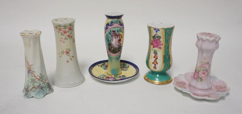 5 DECORATED CHINA HATPIN HOLDERS: 5 DECORATED CHINA HATPIN HOLDERS, TALLEST IS 5 1/2 IN