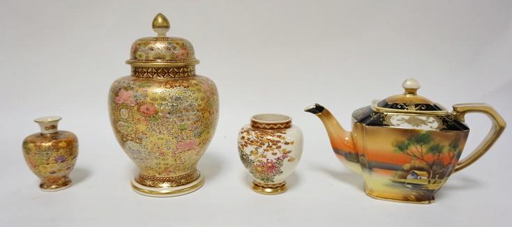 4 PIECE ASIAN PORCELAIN SATSUMA & NORITAKE: 4 PIECE ASIAN PORCELAIN SATSUMA & NORITAKE, COVERED URN HAS BEEN REPAIRED, TALLEST IS 8 3/4 IN