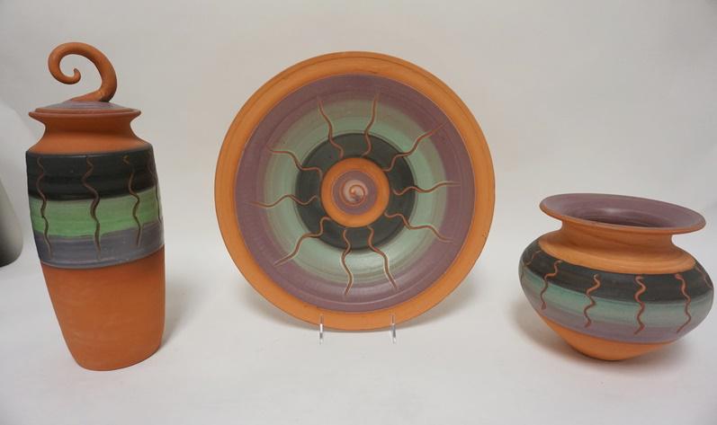 3 PIECE DECORATED RED CLAY POTTERY: 3 PIECE DECORATED RED CLAY POTTERY, FINIAL ON THE LID OF THE TALL VESSEL REPAIRED, 14 3/4 IN HIGH, PLATE IS 8 5/8 IN DIAMETER