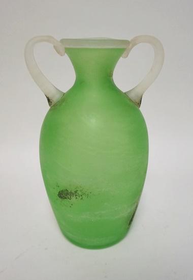 GINO CENEDESE MURANO BLOWN GLASS VASE: GINO CENEDESE MURANO BLOWN GLASS VASE, GREEN W/APPLIED CLEAR RIM & HANDLES