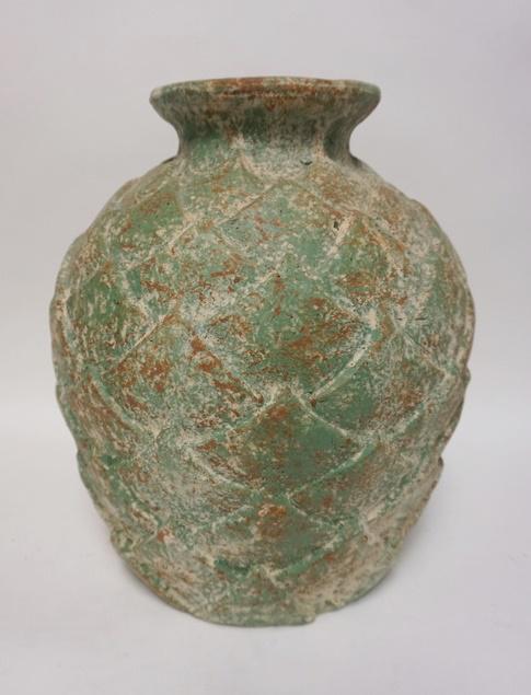 LARGE DECORATED POTTERY FLOOR URN: LARGE DECORATED POTTERY FLOOR URN, 18 IN HIGH