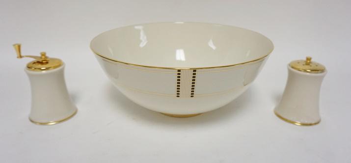 LENOX JEWELED ESSENCE BOWL, ETC: LENOX JEWELED ESSENCE BOWL PLUS SALT SAKER & PEPPER GRINDER, 11 IN DIAMETER, 4 1/2 IN HIGH