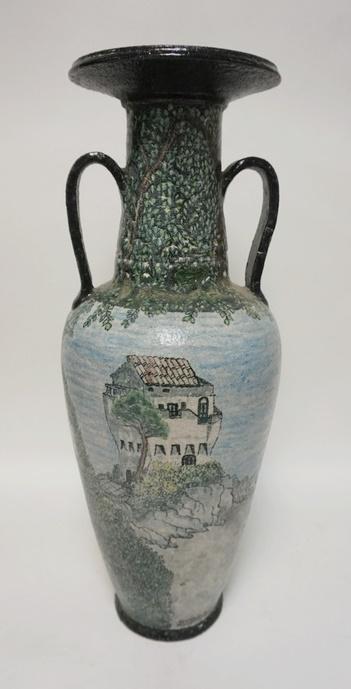 LARGE POTTERY FLOOR VASE SIGNED: LARGE POTTERY FLOOR VASE SIGNED RAINONDO. 91. TEXTURED SCENIC PAINTING, HAS A BASE CHIP, 26 3/4 IN HIGH