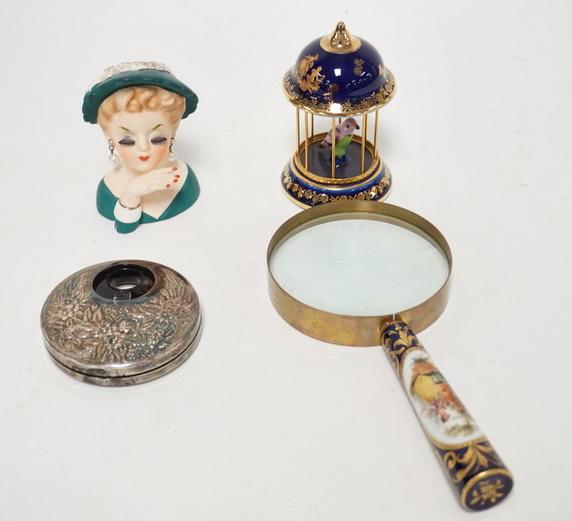 4 PIECE LOT MINI HEAD VASE, ETC: 4 PIECE LOT MINI HEAD VASE, STIEFF SILVERPLATED CIGAR CUTTER, LIMOGES CHINA BIRD CAGE & A MAGNIFIER W/HAND PAINTED CHINA HANDLE