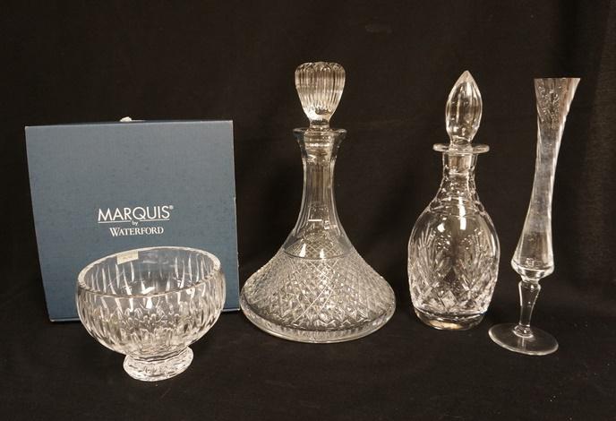 4 PIECE CRYSTAL LOT: 4 PIECE CRYSTAL LOT, WATERFORD MARQUIS SHERIDAN BOWL IN BOX, LENOX CAPTAINS DECANTER, DECANTER & BUD VASE, TALLEST IS 12 1/2 IN HIGH