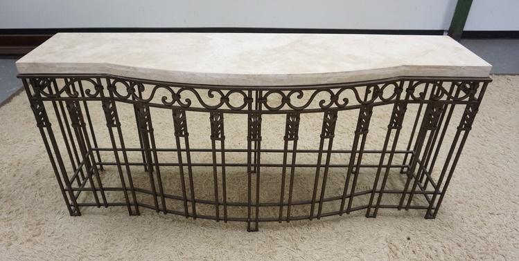 IRON BASE STONE TOP CONSOLE TABLE: IRON BASE STONE TOP CONSOLE TABLE, 73 IN WIDE X 19 IN DEEP X 32 1/2 IN HIGH