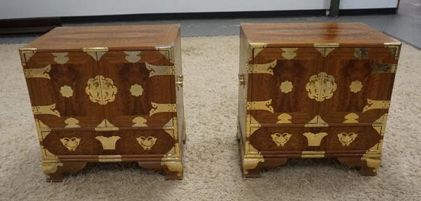 PAIR OF BRASS BOUND ASIAN NIGHT STANDS: PAIR OF BRASS BOUND ASIAN NIGHT STANDS W/2 DOORS & ONE DRAWER, BURL PANELS, 32 3/4 IN WIDE X 16 IN DEEP X 24 1/2 HIGH