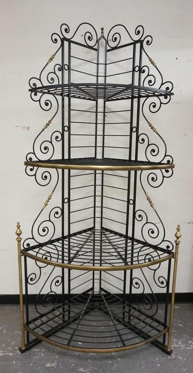 BRASS & IRON CORNER BAKERS RACK: BRASS & IRON CORNER BAKERS RACK, 36 IN WIDE X 87 1/2 IN HIGH X 29 IN DEEP