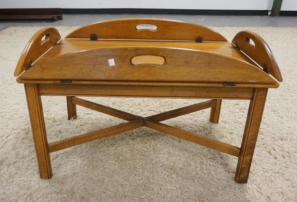 ETHAN ALLEN BUTLERS TABLE: ETHAN ALLEN BUTLERS TABLE, X STRETCHER BASE, 33 IN X 21 1/4 IN X 22 1/4 IN HIGH, CLOSED