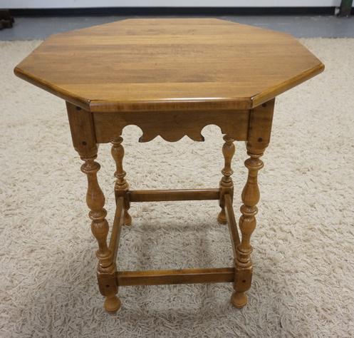 ETHAN ALLEN OCTAGONAL STRECTHER: ETHAN ALLEN OCTAGONAL STRECTHER BASE TABLE CUT OUT SKIRT, TURNED LEGS & FEET, TOP IS 24 IN, 26 IN H