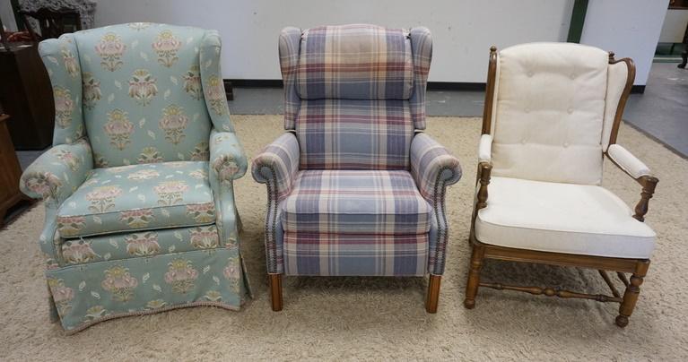 3 UPHOLSTERED ARMCHAIRS: GROUP OF 3 UPHOLSTERED ARMCHAIRS, ONE IS ETHAN ALLEN. SOME FADING & STAINING ON THE UPHOLSTERY