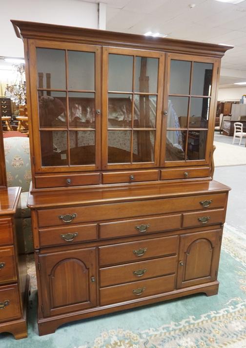 LEWISBURG SOLID CHERRY STEP BACK CUPBOARD: LEWISBURG SOLID CHERRY STEP BACK CUPBOARD *LEWISBURG CHAIR & FURNITURE CO. INDEPENDENCE HALL PENNSLYVANIA HOUSE REPRODUCTION, NO. 739* 73 1/2 IN H, 53 1/2 IN W, 20 IN DEEP, TOP HAS 3 GLASS DOORS & 3 D