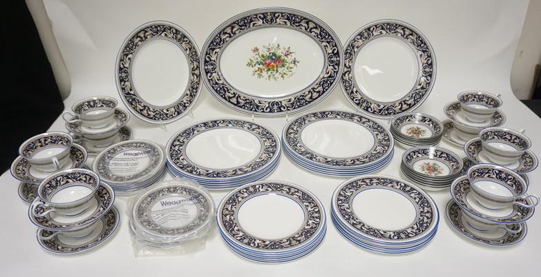 73 PIECE WEDGWOOD FLORENTINE DINNERWARE SET: 73 PIECE WEDGWOOD FLORENTINE DINNERWARE SET, 12 SIX PIECE PLACE SETTINGS & A 15 3/8 IN PLATTER. DESSERT BOWLS & PLATTER HAVE A COLORFUL FLORAL CENTER