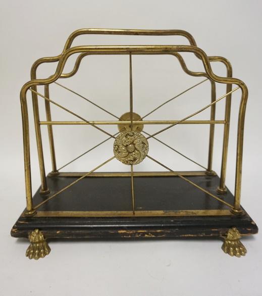 CLAW FOOT BRASS & WOOD MAGAZINE RACK: CLAW FOOT BRASS & WOOD MAGAZINE RACK. 15 IN X 8 IN, 13 IN H