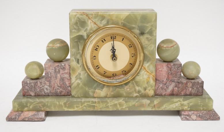 ART DECO MARBLE & ONYX CLOCK CASE: ART DECO MARBLE & ONYX CLOCK CASE, WORKS REPLACED W/BATTERY, FRONT GLASS MISSING, 14 IN WIDE X 7 1/8 IN HIGH