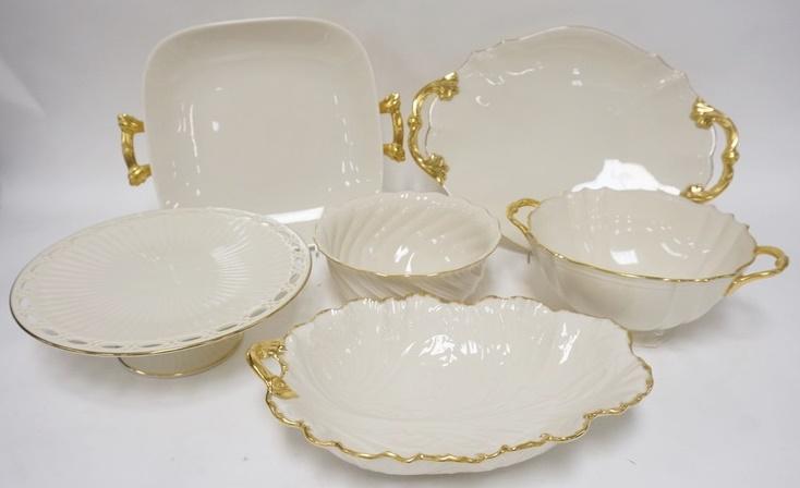 6 GOLD TRIMMED LENOX SERVING PIECES: 6 GOLD TRIMMED LENOX SERVING PIECES, ALL MADE IN USA, LARGEST PLATTER 16 1/2 IN