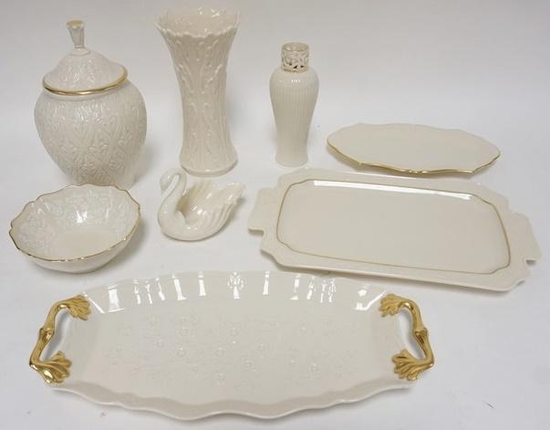 8 PIECES LENOX, MADE IN USA: 8 PIECES LENOX, MADE IN USA, SWAN IS GREEN MARK, TALLEST VASE IS 8 1/2 IN, WIDEST TRAY IS 14 1/2 IN, 6 PIECES HAVE GOLD RIM