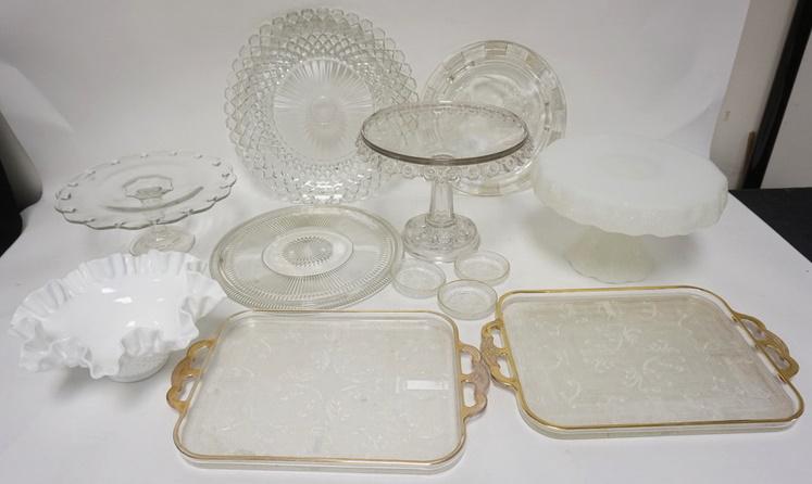 12 PIECE GLASS LOT W/3 CAKE STANDS: 12 PIECE GLASS LOT W/3 CAKE STANDS, HOBNAIL MILK GLASS, LYRE TRAYS W/GOLD RIMS, ETC