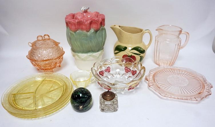 LOT W/GLASS & POTTERY: LOT W/GLASS & POTTERY, INCLUDES TULIP BISCUIT JAR, WATT APPLE PITCHER, 2 PIECE PINK MAYFAIR, PAPERWEIGHT, NORTHWOOD CHERRY BOWL, ETC, TALLEST IS 12 1/2 IN