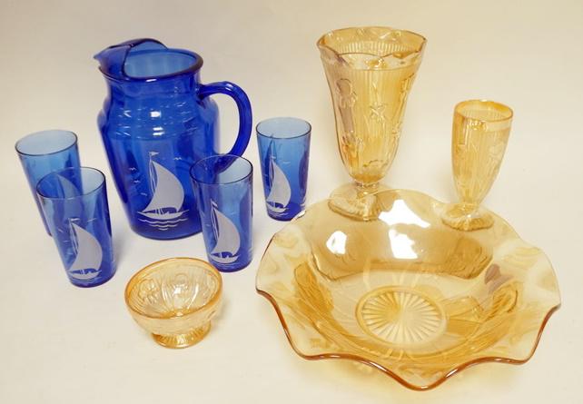 9 PC BLUE SAILBOATS & MARIGOLD IVES: 9 PC BLUE SAILBOATS & MARIGOLD IVES & HERRINGBONE, VASE IS 9 1/4 IN HIGH