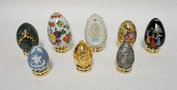 LOT OF 8 DECORATED EGGS: LOT OF 8 DECORATED EGGS, PORCELAIN, METAL & STONE, ALL W/STANDS