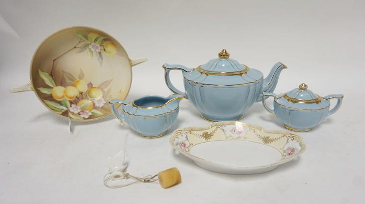 LOT OF SADLER & NIPPON: LOT OF SADLER & NIPPON, SADLER 3 PIECE TEASET & 2 NIPPON BOWLS W/GREEN WREATH MARK, LARGEST IS 10 IN ACROSS THE HANDLES
