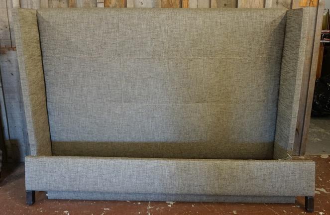 UPHOLSTERED BED: UPHOLSTERED BED. 79 1/2 IN W, 55 1/2 IN H, HAS FOOT BOARD & RAILS