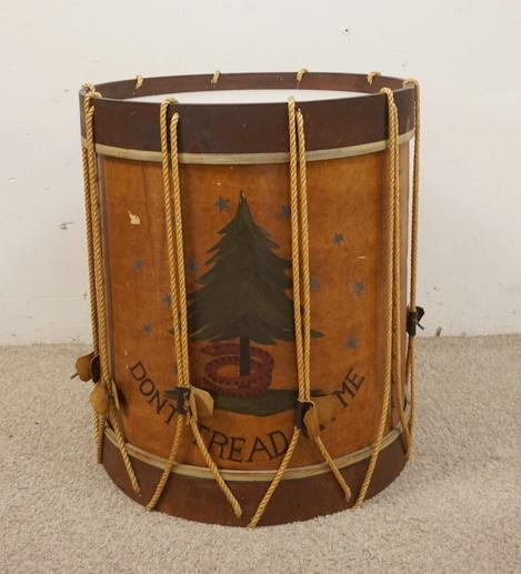 DRUM PAINT DECORATED: DRUM PAINT DECORATED *DON'T TREAD ON ME* W/TREE, COILED SNAKE & 13 STARS, 22 1/4 IN HIGH X 19 1/4 IN DIAMETER