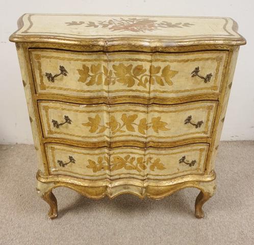 PAINT DECORATED 3 DRAWER CHEST: PAINT DECORATED 3 DRAWER CHEST, ITALY, 34 IN WIDE X 33 3/4 IN HIGH X 15 IN DEEP