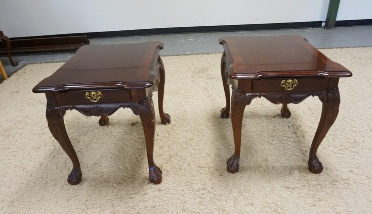 PAIR OF STANLEY CARVED SIDE TABLES: PAIR OF STANLEY CARVED SIDE TABLES, BANDED TOPS, BALL & CLAW FEET & ONE DRAWER, ONE HAS A SCRATCH ON THE TOP SURFACE, 22 IN X 27 IN X 24 IN HIGH