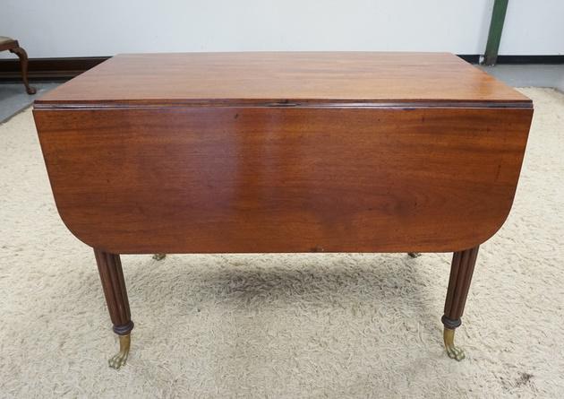 MAHOGANY DROP LEAF TABLE: MAHOGANY DROP LEAF TABLE W/BRASS CLAW FEET & FLUTED LEGS, 42 IN X 24 1/2 IN CLOSED, DROPS ARE 14 1/4 IN, 30 1/4 IN HIGH