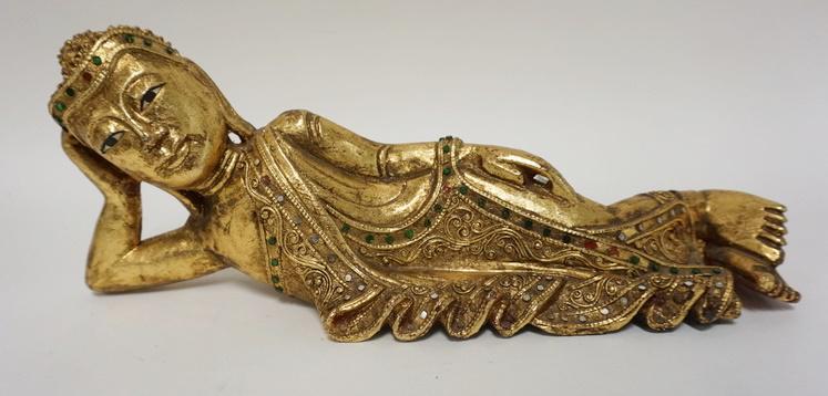 CARVED GILT & JEWELED ASIAN RECLINING FIGURE: CARVED GILT & JEWELED ASIAN RECLINING FIGURE 16 IN L