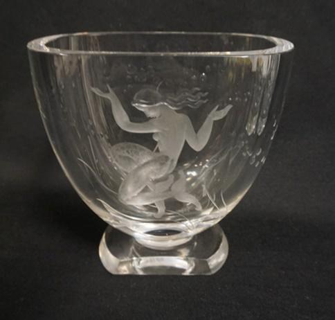 ORREFORS CRYSTAL VASE W/ENGRAVED MERMAID: ORREFORS CRYSTAL VASE W/ENGRAVED MERMAID, 6 1/2 IN HIGH X 6 1/2 IN WIDE