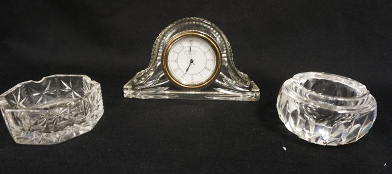 3 PIECES WATERFORD CRYSTAL: 3 PIECES WATERFORD CRYSTAL CLOCK & 2 ASHTRAYS, CLOCK IS 6 3/4 IN WIDE