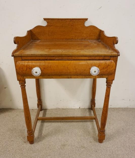 ANTIQUE BIRDSEYE & TIGER MAPLE WASHSTAND: ANTIQUE BIRDSEYE & TIGER MAPLE WASHSTAND, HAS DOVETAILED GALLERY & FIERY OPAL DRAWER PULLS