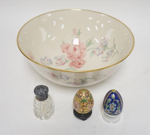 LOT W/LENOX CHATSWORTH BOWL: LOT W/LENOX CHATSWORTH BOWL 10 1/2 IN, CLOISONNE & ENAMELED EGGS, & CUT GLASS SALT SHAKER W/STERLING SILVER TOP