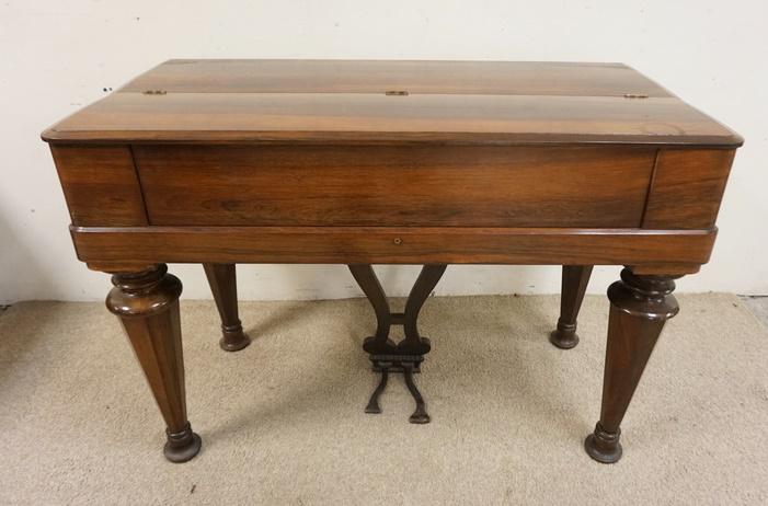 ROSEWOOD MELODIAN PIANO: ROSEWOOD MELODIAN PIANO, REQUIRES RESTORATION, PIECE OF VENEER MISSING ON TOP FRONT EDGE, NOT IN WORKING ORDER 46 IN WIDE X 32 IN HIGH X 22 7/8 IN DEEP