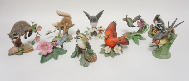 9 PIECE LENOX 7 BIRDS & 2 ANIMALS: 9 PIECE LENOX 7 BIRDS & 2 ANIMALS, CARDINAL HAS A CHIP ON A LEAF TIP