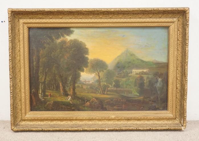 EARLY 19TH OR LATE 18TH CENTURY OIL ON CANVAS: EARLY 19TH OR LATE 18TH CENTURY OIL ON CANVAS, ROMANTIC LANDSCAPE, HAS STRUCTURE W/COLUMNS, MOUNTAIN & BODY OF WATER, PEOPLE LOWER RIGHT, RELINED & SOME RESTORATION, CANVAS IS 36 1/4 IN X 23 IN, WITH 