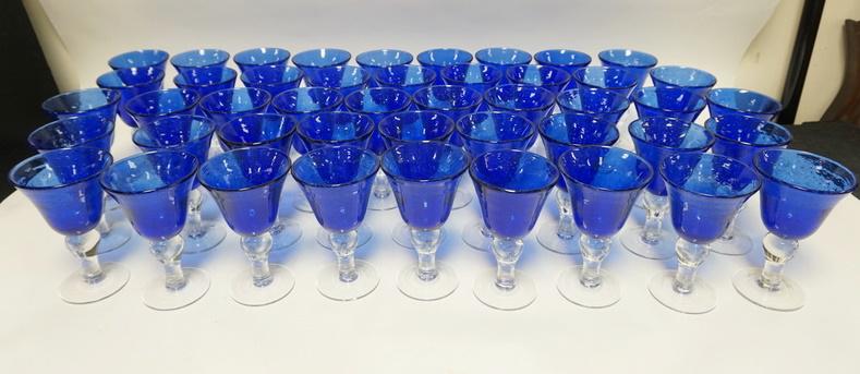 46 BLOWN GLASS BLUE GOBLETS: 46 BLOWN GLASS BLUE GOBLETS, BUBBLES IN THE BLUE GLASS, 6 1/2 IN