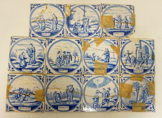 11 HAND PAINTED TILES: 11 HAND PAINTED TILES W/BIBLICAL SCENES, ALL ARE DAMAGED, 5 1/8 IN SQUARE