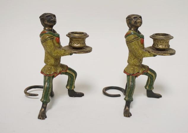 PAIR OF BRASS/BRONZE MONKEY CNADLESTICKS: PAIR OF BRASS/BRONZE MONKEY CNADLESTICKS, PAINT DECORATED, 6 1/4 IN HIGH